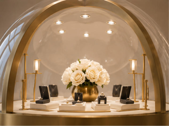 Round Dome Jewelry Display Table | Gold Framed Showcase 9 360-degree view and interior display platform details